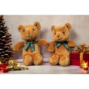 Set 2 NWOT Vintage GUND BEEBOP Teddy Bear Plaid Bow 5.5" Plush Stuffed Animal To